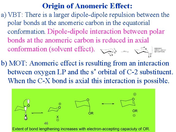 Origin of Anomeric Effect: a) VBT: There is a larger dipole-dipole repulsion between the