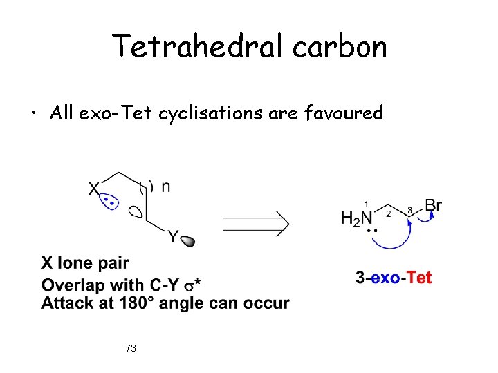 Tetrahedral carbon • All exo-Tet cyclisations are favoured 73 