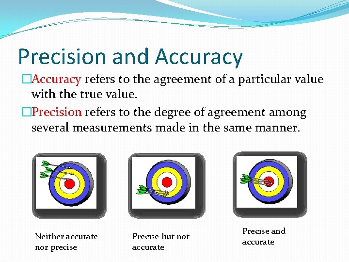 Precision and Accuracy �Accuracy refers to the agreement of a particular value with the