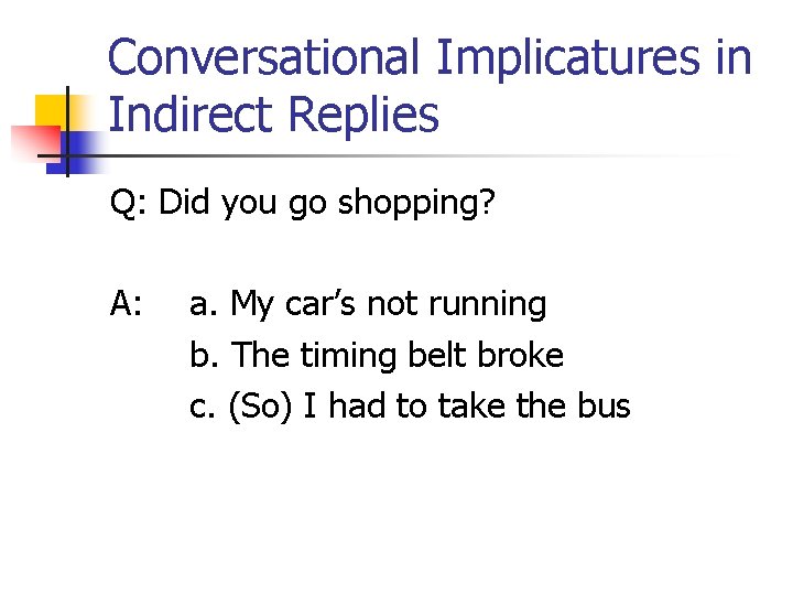Conversational Implicatures in Indirect Replies Q: Did you go shopping? A: a. My car’s