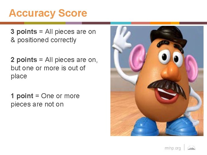 Accuracy Score 3 points = All pieces are on & positioned correctly 2 points