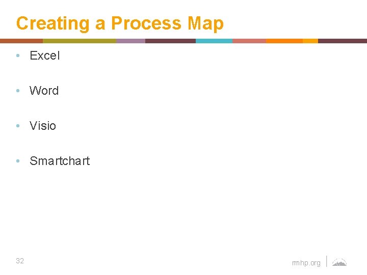 Creating a Process Map • Excel • Word • Visio • Smartchart 32 rmhp.