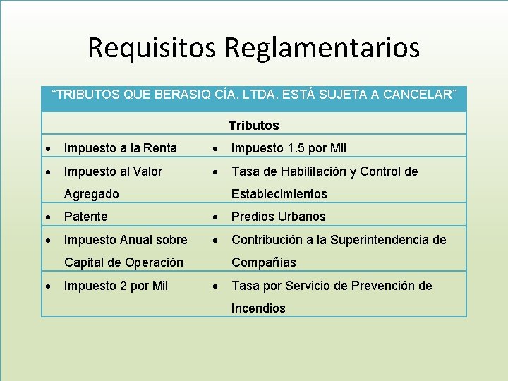 Requisitos Reglamentarios “TRIBUTOS QUE BERASIQ CÍA. LTDA. ESTÁ SUJETA A CANCELAR” Tributos Impuesto a