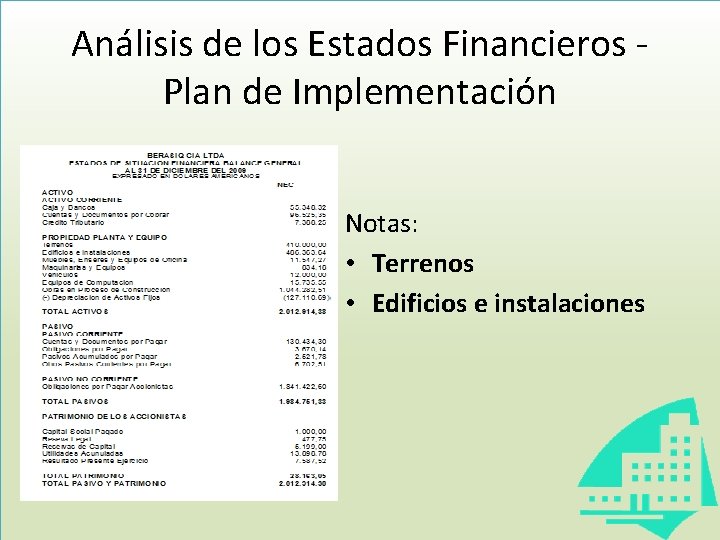 Análisis de los Estados Financieros Plan de Implementación Notas: • Terrenos • Edificios e