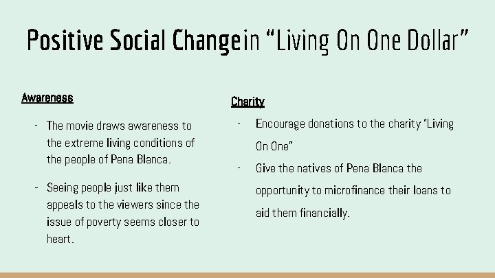 Positive Social Change in “Living On One Dollar” Awareness - The movie draws awareness