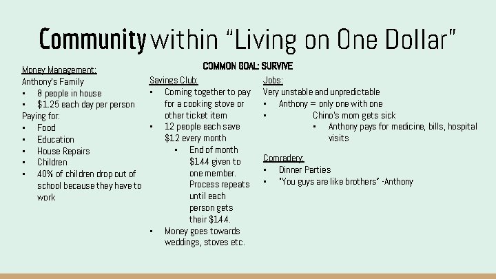 Community within “Living on One Dollar” COMMON GOAL: SURVIVE Money Management: Savings Club: Jobs: