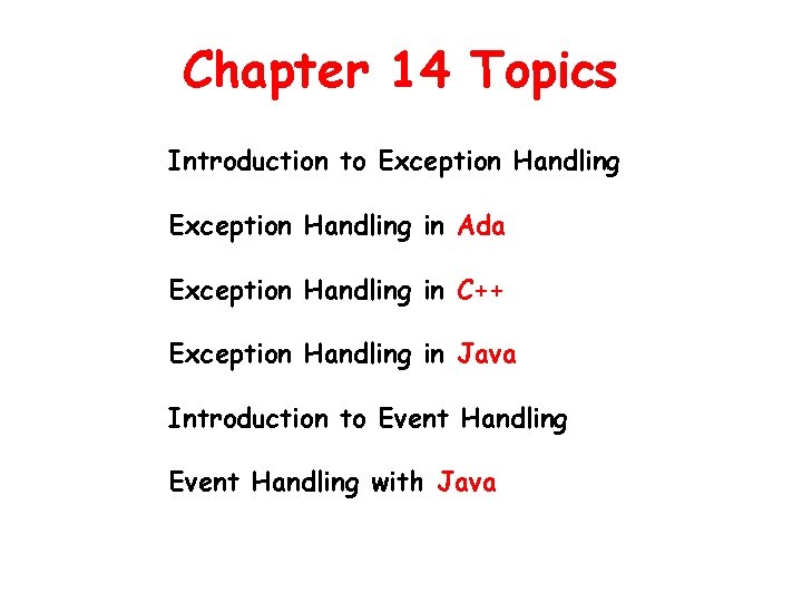 Chapter 14 Topics Introduction to Exception Handling in Ada Exception Handling in C++ Exception