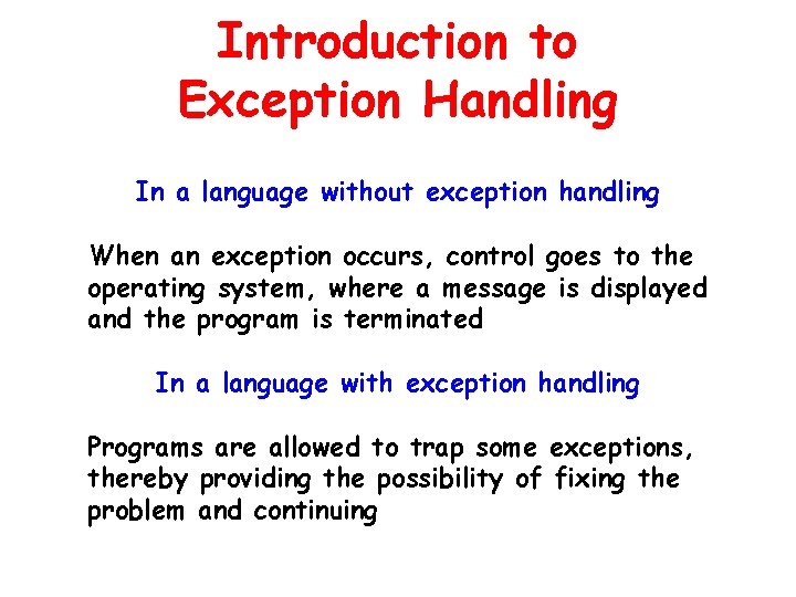Introduction to Exception Handling In a language without exception handling When an exception occurs,