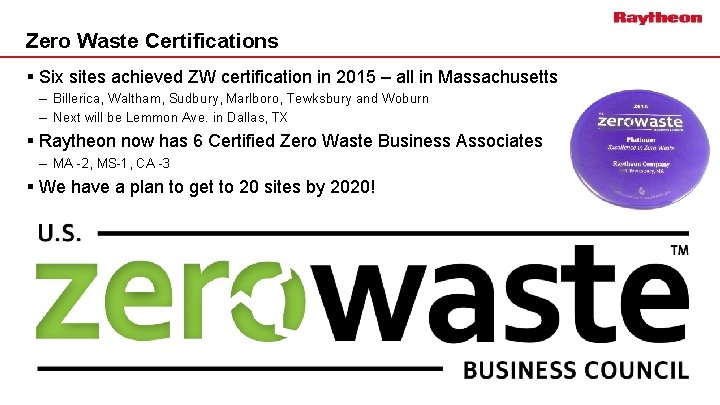 Zero Waste Certifications § Six sites achieved ZW certification in 2015 – all in