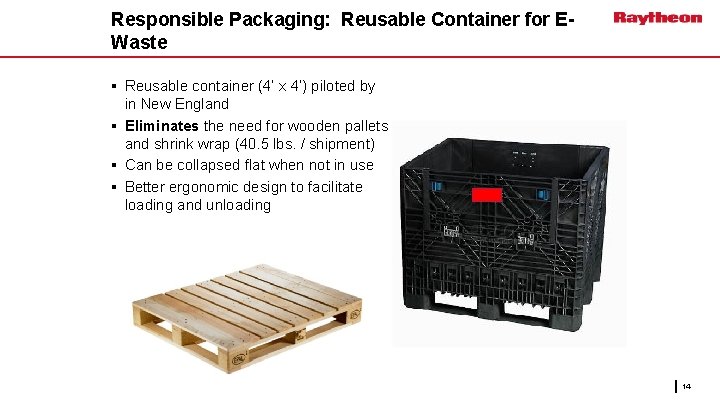 Responsible Packaging: Reusable Container for EWaste § Reusable container (4’ x 4’) piloted by