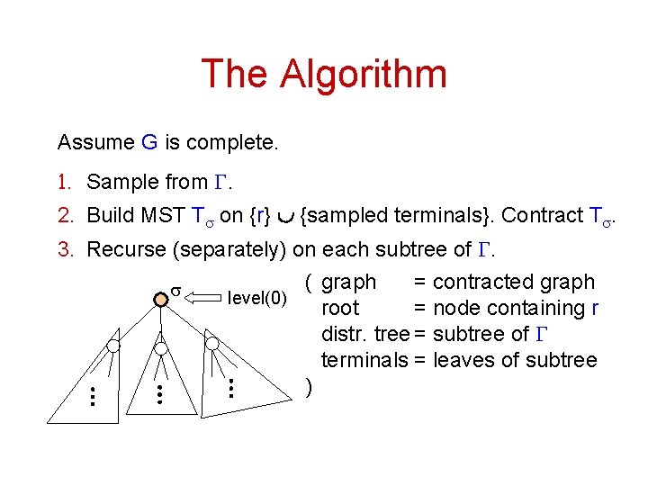 The Algorithm Assume G is complete. 1. Sample from G. 2. Build MST Ts
