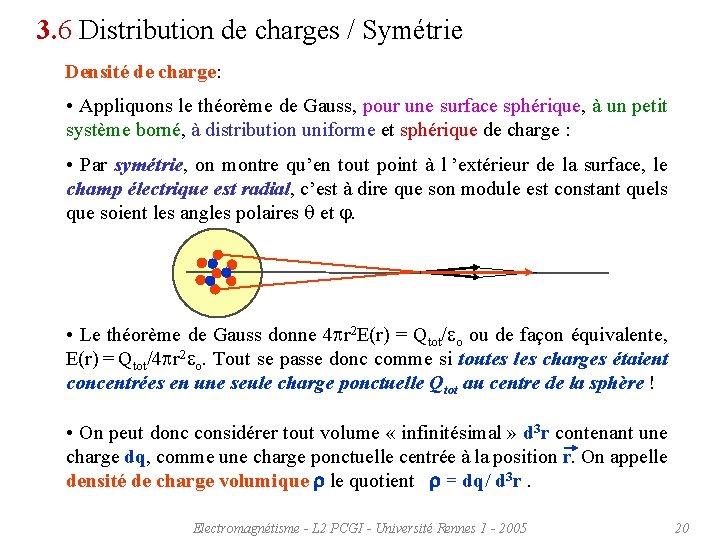 3. 6 Distribution de charges / Symétrie Densité de charge: • Appliquons le théorème
