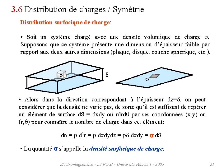 3. 6 Distribution de charges / Symétrie Distribution surfacique de charge: • Soit un