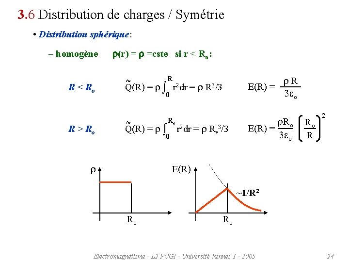 3. 6 Distribution de charges / Symétrie • Distribution sphérique: – homogène r(r) =