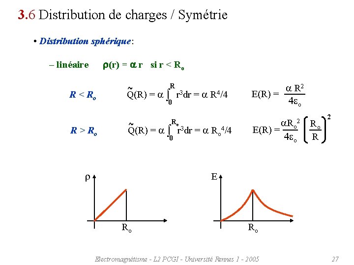 3. 6 Distribution de charges / Symétrie • Distribution sphérique: – linéaire r(r) =