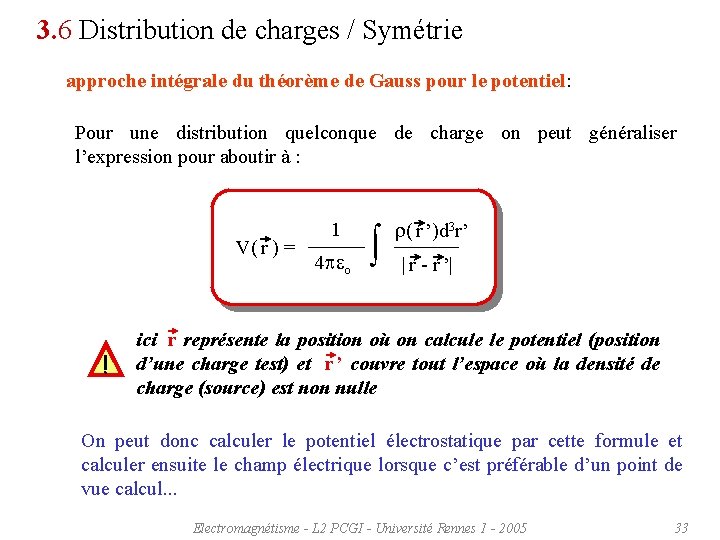 3. 6 Distribution de charges / Symétrie approche intégrale du théorème de Gauss pour