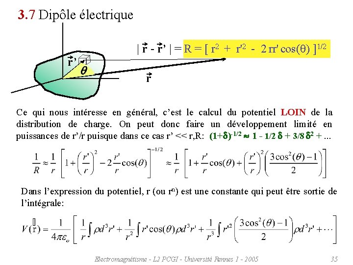 3. 7 Dipôle électrique R = [ r 2 + r'2 - 2 rr'