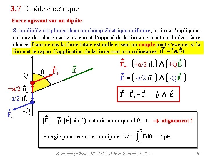 3. 7 Dipôle électrique Force agissant sur un dipôle: Si un dipôle est plongé