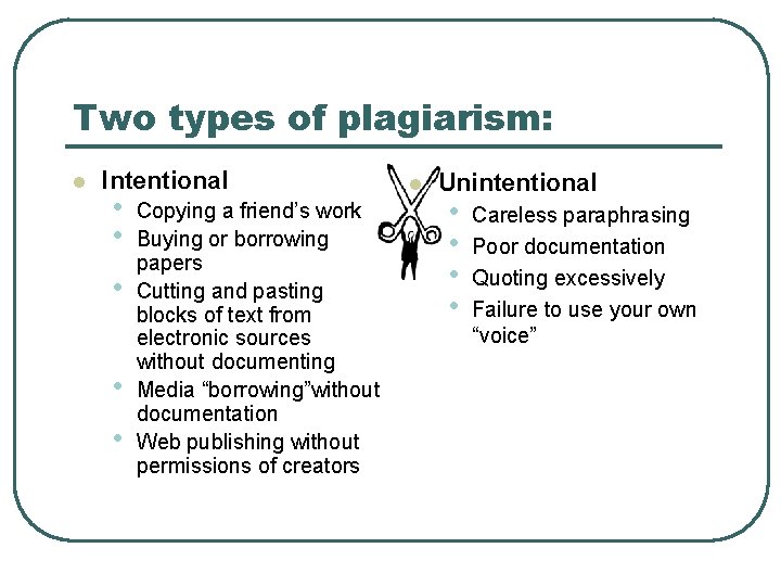 Two types of plagiarism: l Intentional • • • Copying a friend’s work Buying