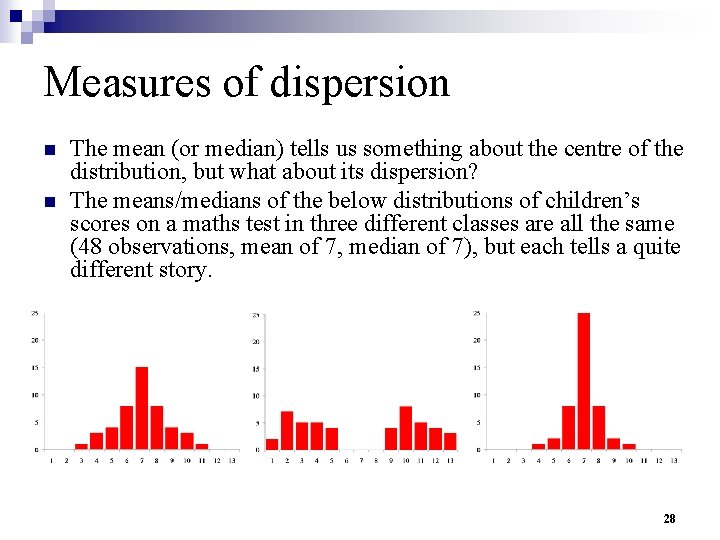 Measures of dispersion n n The mean (or median) tells us something about the