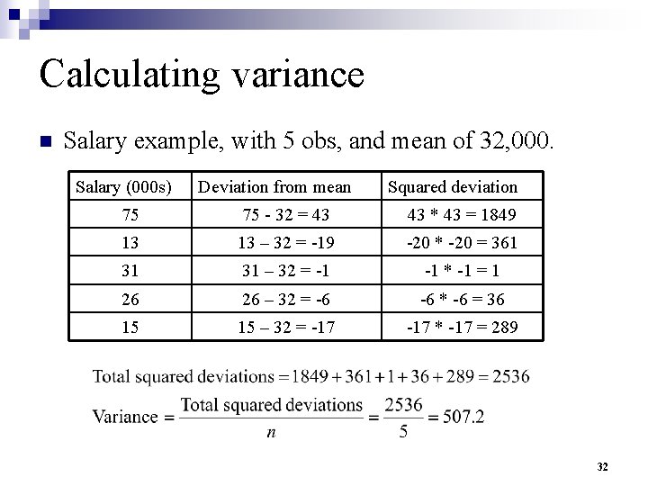 Calculating variance n Salary example, with 5 obs, and mean of 32, 000. Salary