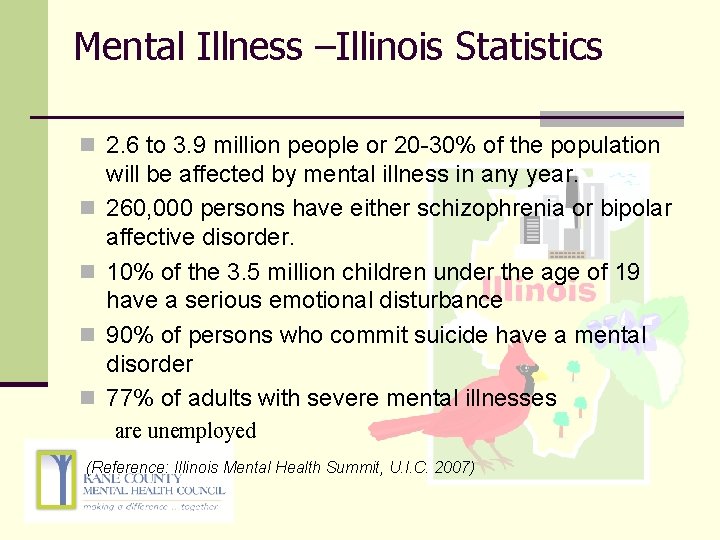 Mental Illness –Illinois Statistics n 2. 6 to 3. 9 million people or 20