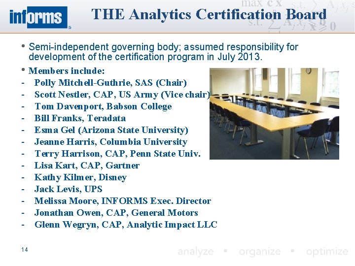 THE Analytics Certification Board • Semi-independent governing body; assumed responsibility for development of the