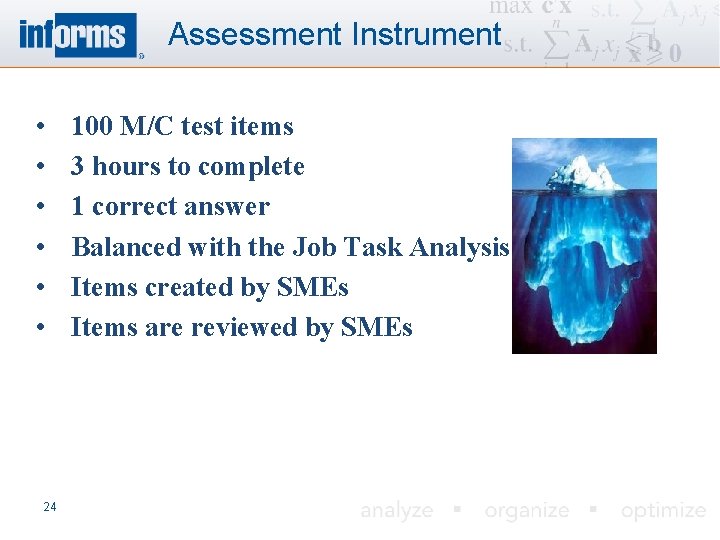 Assessment Instrument • • • 24 100 M/C test items 3 hours to complete