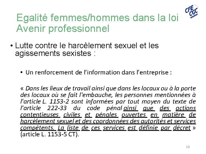Egalité femmes/hommes dans la loi Avenir professionnel • Lutte contre le harcèlement sexuel et