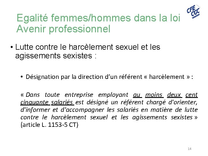 Egalité femmes/hommes dans la loi Avenir professionnel • Lutte contre le harcèlement sexuel et