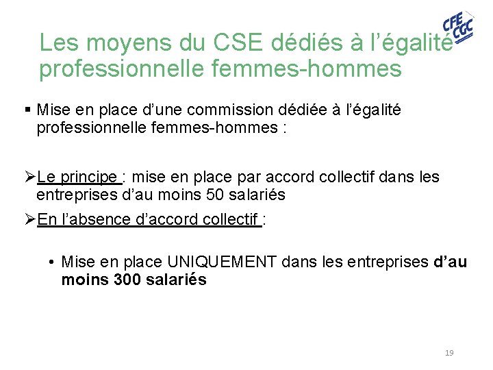 Les moyens du CSE dédiés à l’égalité professionnelle femmes-hommes § Mise en place d’une