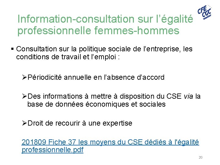 Information-consultation sur l’égalité professionnelle femmes-hommes § Consultation sur la politique sociale de l’entreprise, les