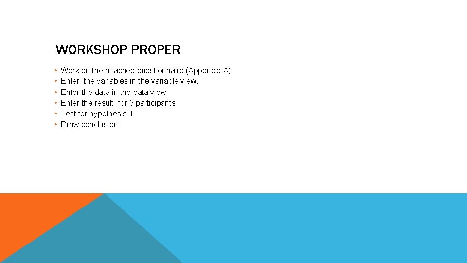 WORKSHOP PROPER • • • Work on the attached questionnaire (Appendix A) Enter the