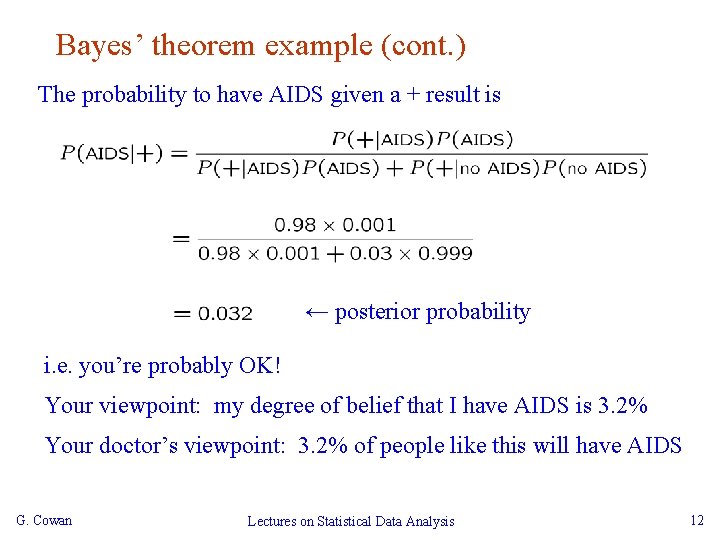 Bayes’ theorem example (cont. ) The probability to have AIDS given a + result