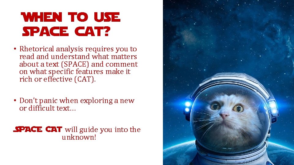 When to use space cat? • Rhetorical analysis requires you to read and understand
