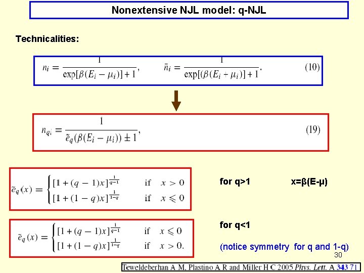 Nonextensive NJL model: q-NJL Technicalities: for q>1 x=β(E-μ) for q<1 (notice symmetry for q