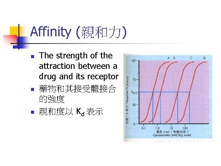 Affinity (親和力) n n n The strength of the attraction between a drug and