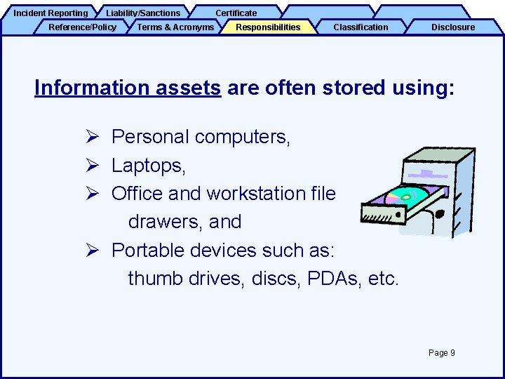 Incident Reporting Liability/Sanctions Reference/Policy Terms & Acronyms Certificate Responsibilities Classification Disclosure Information assets are