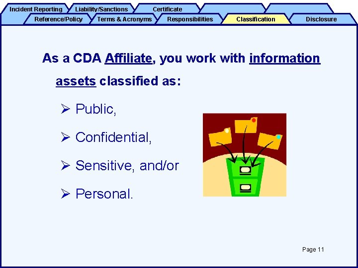 Incident Reporting Liability/Sanctions Reference/Policy Terms & Acronyms Certificate Responsibilities Classification Disclosure As a CDA