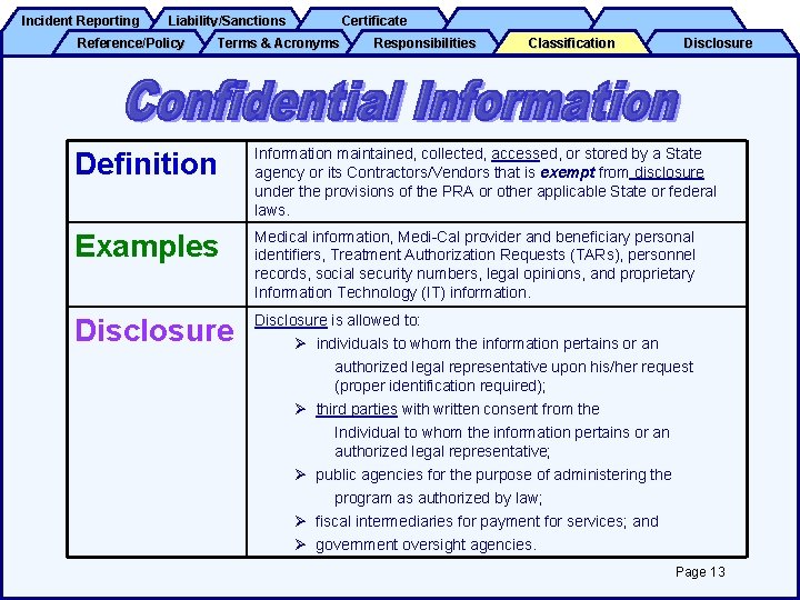 Incident Reporting Liability/Sanctions Reference/Policy Certificate Terms & Acronyms Responsibilities Classification Disclosure Definition Information maintained,