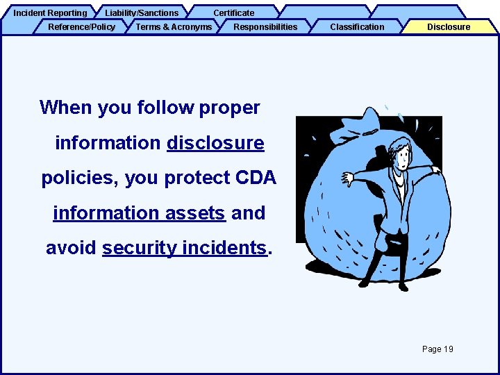 Incident Reporting Liability/Sanctions Reference/Policy Terms & Acronyms Certificate Responsibilities Classification Disclosure When you follow