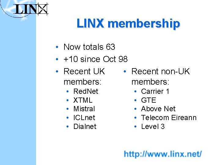 LINX membership • Now totals 63 • +10 since Oct 98 • Recent UK