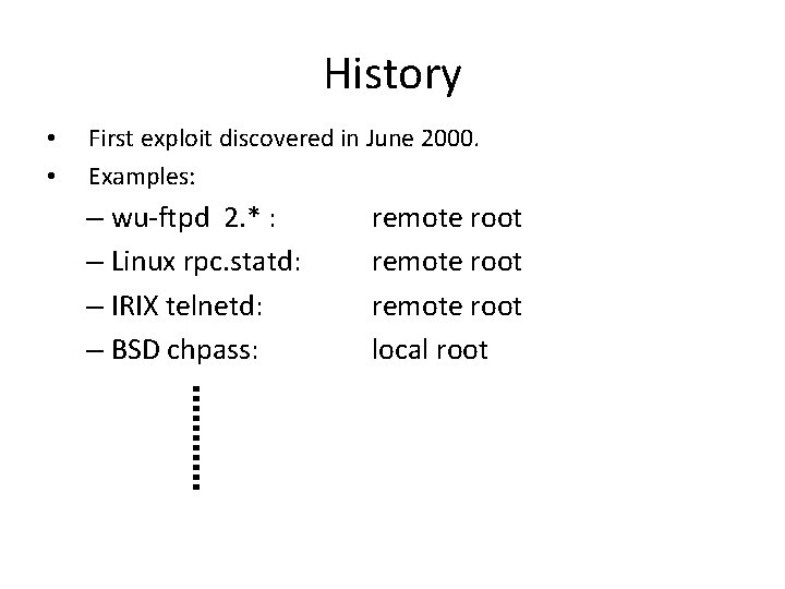 History • • First exploit discovered in June 2000. Examples: – wu-ftpd 2. *