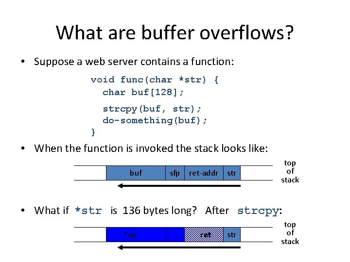 What are buffer overflows? • Suppose a web server contains a function: void func(char