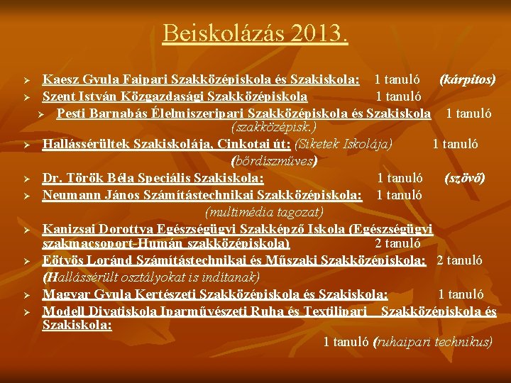 Beiskolázás 2013. Ø Ø Ø Ø Ø Kaesz Gyula Faipari Szakközépiskola és Szakiskola: 1