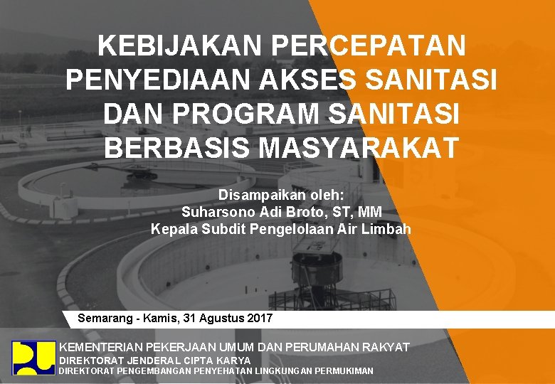 KEBIJAKAN PERCEPATAN PENYEDIAAN AKSES SANITASI DAN PROGRAM SANITASI BERBASIS MASYARAKAT Disampaikan oleh: Suharsono Adi