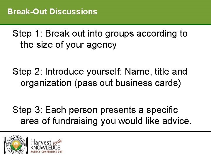 Your Fundraising Strategy Break-Out Discussions Step 1: Break out into groups according to the