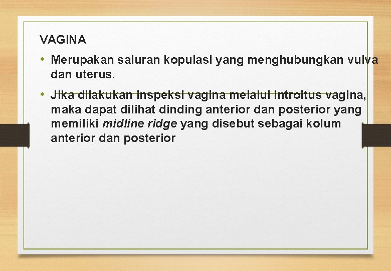 VAGINA • Merupakan saluran kopulasi yang menghubungkan vulva dan uterus. • Jika dilakukan inspeksi