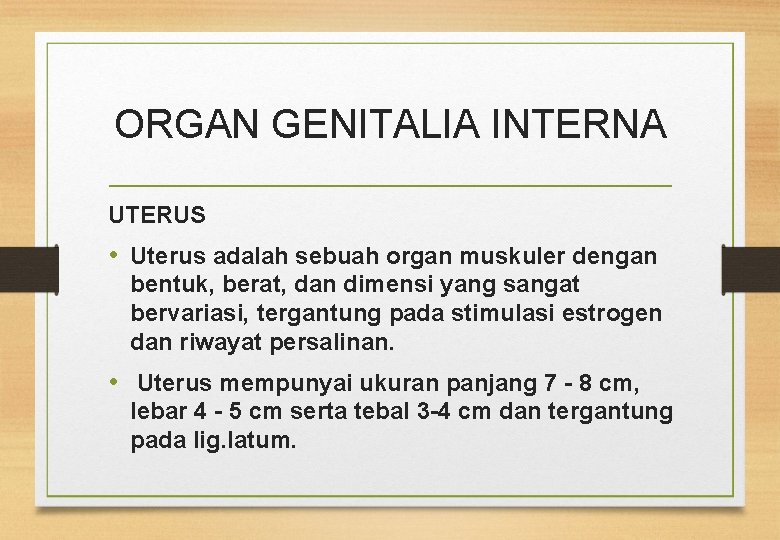 ORGAN GENITALIA INTERNA UTERUS • Uterus adalah sebuah organ muskuler dengan bentuk, berat, dan
