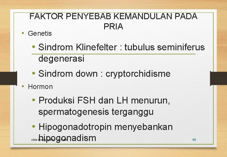 FAKTOR PENYEBAB KEMANDULAN PADA PRIA • Genetis • Sindrom Klinefelter : tubulus seminiferus degenerasi